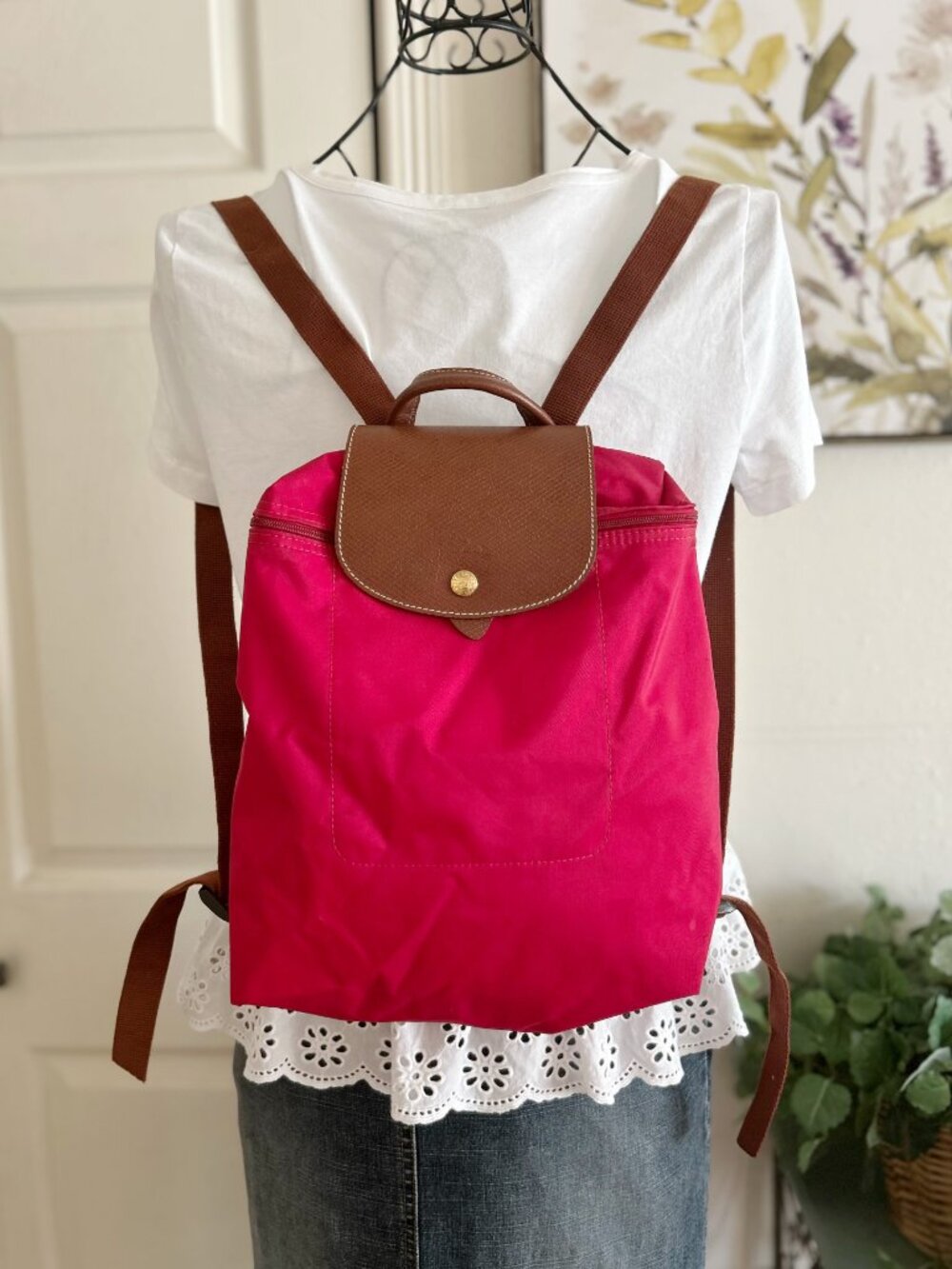 Longchamp Red Backpack with Brown Trim